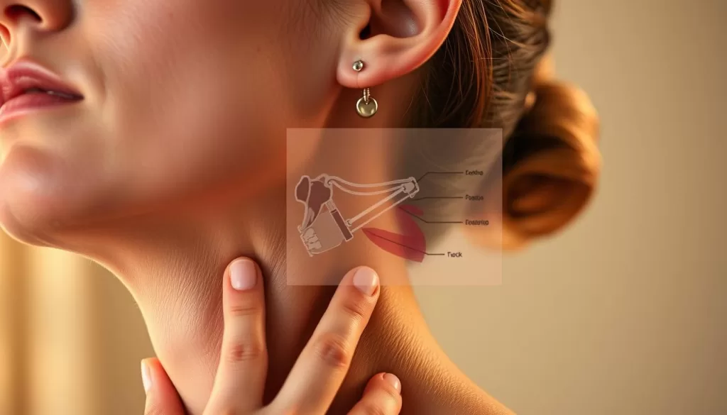 A detailed, close-up shot of a person's neck and jaw area, showcasing various therapeutic exercises and techniques for TMJ pain relief. The foreground features the subject's face in a relaxed, neutral expression, with their hands gently massaging and manipulating the temporomandibular joint and surrounding muscles. The middle ground highlights an anatomical diagram or illustration of the jaw structure and musculature, providing visual reference for the targeted treatment areas. The background is softly blurred, creating a calm, soothing atmosphere conducive to restorative practices. Warm, natural lighting illuminates the scene, emphasizing the therapeutic nature of the exercises. The overall composition conveys a sense of focused, intentional self-care for effective TMJ and jaw pain management.