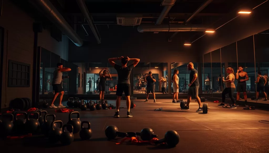 A dimly lit gym interior, the air heavy with focus and determination. In the foreground, an athlete performing a series of progressive compound exercises, their muscles straining with each repetition. Kettlebells, barbells, and resistance bands scattered across the floor, testament to the intensity of the training. The middle ground features other athletes engaged in a variety of functional movements, their forms precisely executed under the watchful eye of a coach. In the background, a wall of mirrors reflects the scene, amplifying the sense of personal challenge and growth. Warm, directional lighting casts dramatic shadows, lending an air of cinematic tension to the space. The overall mood is one of discipline, dedication, and the pursuit of physical and mental transformation.