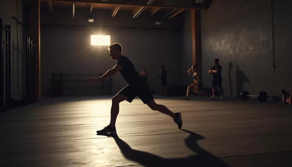 A dimly lit gym interior with concrete floors and simple equipment. In the foreground, a person performing a mobility exercise, such as a lunge with a torso rotation, their body in a fluid, controlled motion. In the middle ground, other individuals engaged in similar mobility drills, stretching, and bodyweight movements. Warm, indirect lighting casts long shadows, creating a sense of focus and determination. The atmosphere is one of intentional, deliberate movement, preparing the body for more intense training. The scene conveys the idea of assessment, foundation building, and injury prevention for athletes across disciplines.