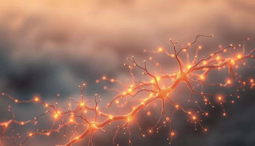 A neural network composed of glowing, interconnected neurons, situated in a serene, misty landscape. The neurons are in a state of flux, with pulses of energy flowing between them, representing the process of neural retraining. The scene is bathed in a warm, calming light, conveying a sense of tranquility and inner focus. The composition is shot from a slightly elevated angle, allowing the viewer to observe the intricate neural network in detail. The overall mood is one of introspection and the journey towards relieving TMJ and jaw pain through the power of the mind.